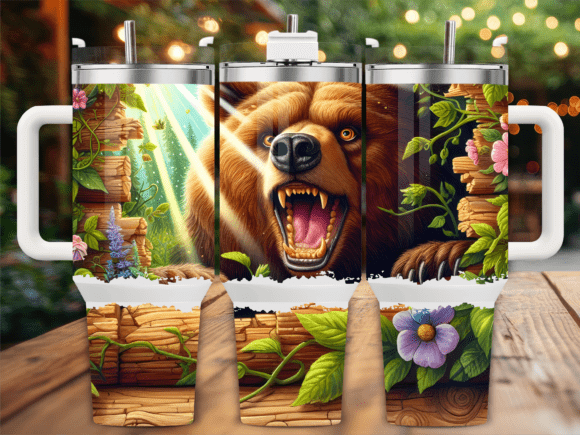 Angry Bear Forest Scene 40oz Tumbler Graphics for Tumbler Wraps