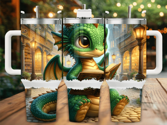 Green Dragon Reading Book Tumbler Wrap Graphics