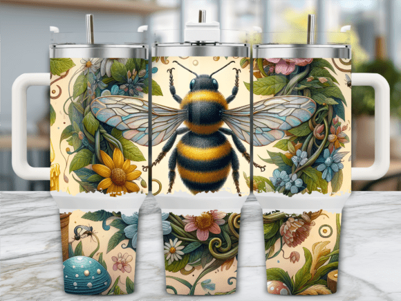 Vintage Floral Bee Line Art 40oz Tumbler Graphics